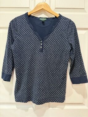 Ralph Lauren Medium Navy Blue Polka Dot  Henley Top